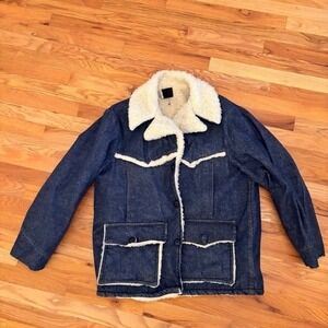 Vintage Sherpa Lined Sears Denim Jacket Mens 44R Western Style Shearling Collar